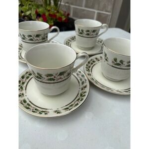 Royal Limited Holly Holiday Tea Cup Saucer Set 4 Christmas Porcelain Japan Gold